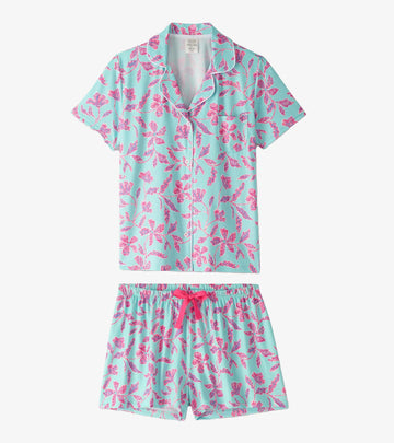 Little Blue House Women's Turquoise Batik Flowers Short Pajama Set In A Bag